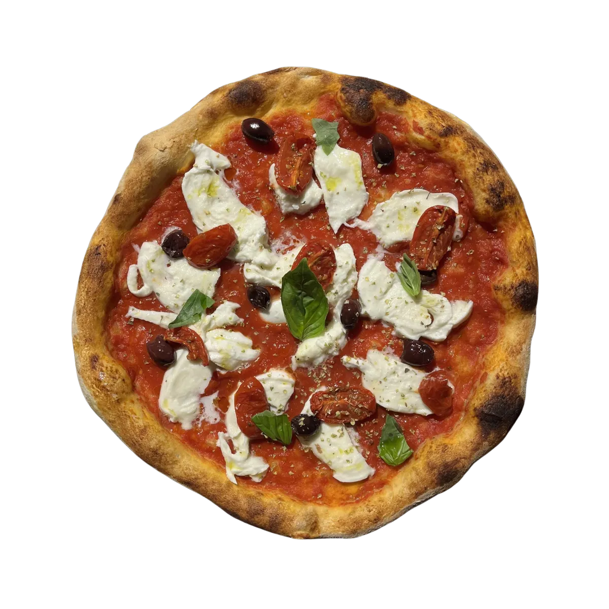 Pizza tonda della Pizzeria Arrigoni con pomodorini e burrata